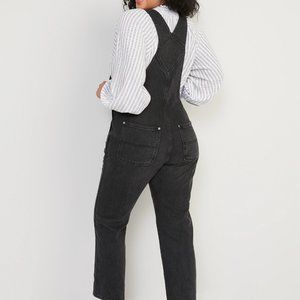 Slouchy Straight Black-Wash Workwear Non-Stretch Jean Overalls
